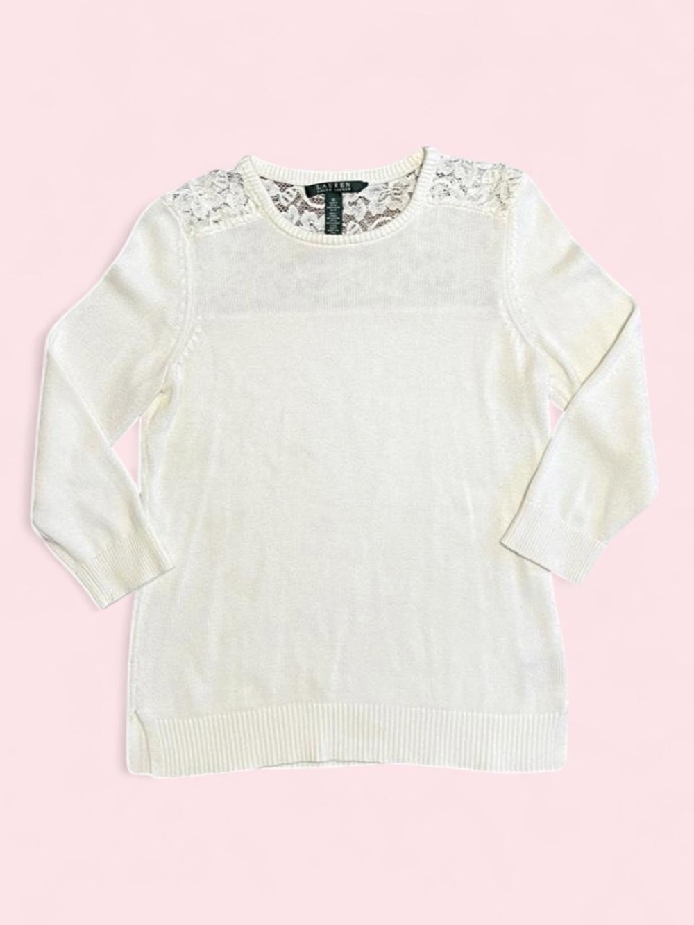 Ralph Lauren Women’s Med Cream Crewneck Sweater with Lace Shoulders preppy